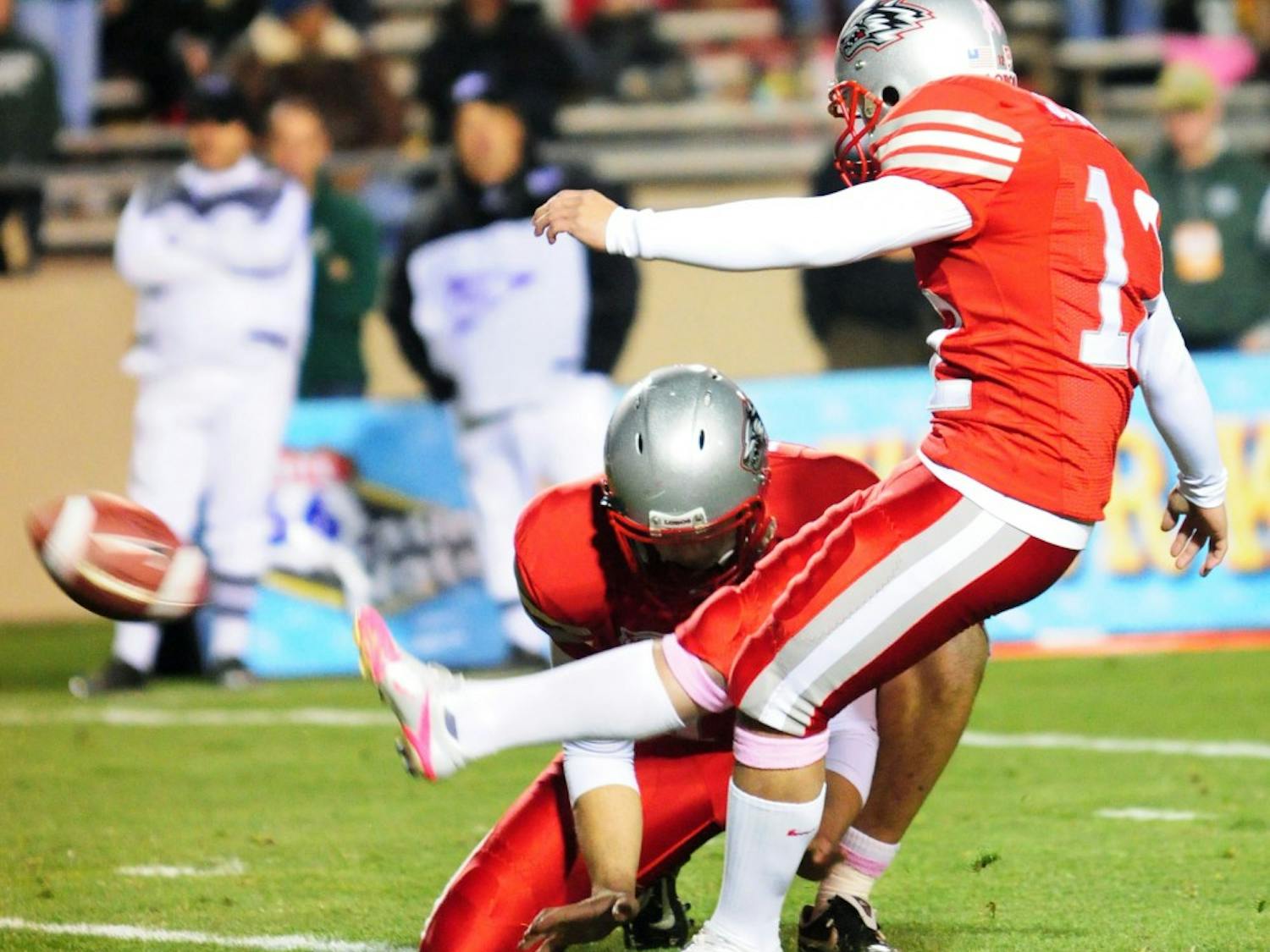 	James Aho boots a field goal during Saturday’s win over Colorado State. Aho kicked the game-winning field goal, propelling the Lobos to a 29-27 win at University Stadium, which is UNM’s first of the season.

