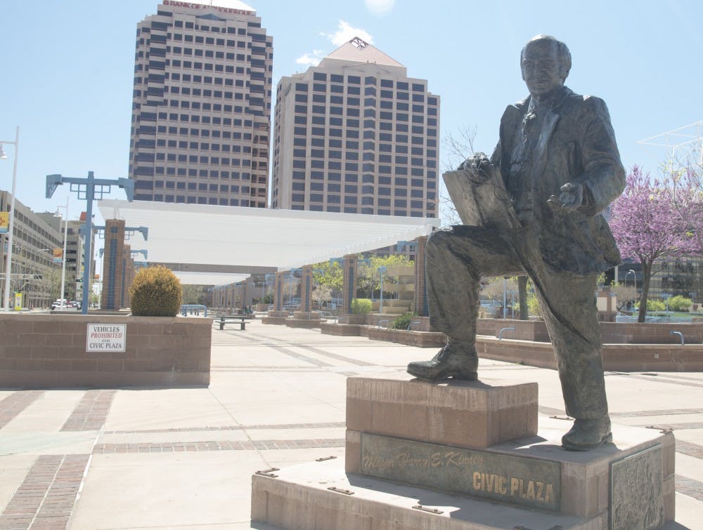 A bronze statue of former mayor Harry E.Kinney stands in Albuquerque Civic Plaza. It is one of many public artworks that is subject to routine maintenance by the city.