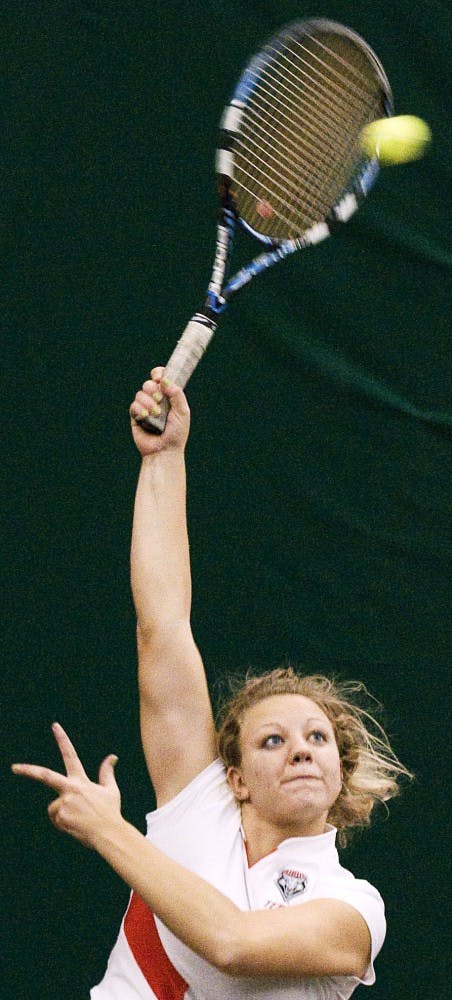 	Ashley Bonner returns a ball during her singles match with Colorado State’s Monica Milewski on Sunday. Bonner lost in straight sets, 6-0, 6-0, as the Lobos were swept 7-0 on Sunday inside the Randy Briggs Tennis Bubble.