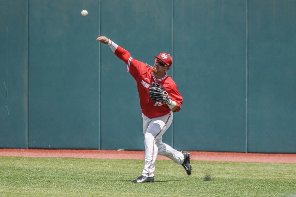 Sophomore Jared Mang launches the ball from the outfield during the Lobos game against Air Force Saturday, May 6, 2017 at Santa Ana Star Field.&nbsp;
