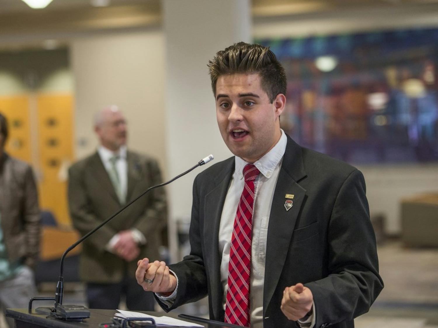 Former ASUNM President Kyle Biederwolf address a crowd about a student government initiative that partners with Albuquerque Heading Home on Thursday, Jan. 19, 2017. Biederwolf has served as the ASUNM President for the 2016-2017 academic year.