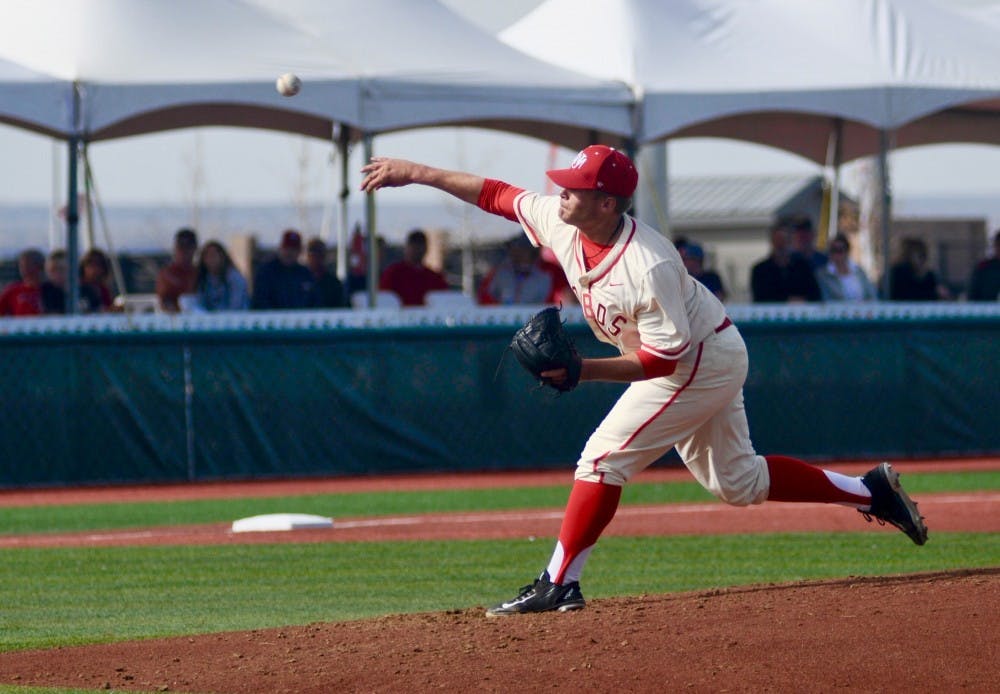 Tyler Stevens of UNM delivers a pitch against Wichita State Saturday afternoon at Santa Ana Star Field. Stevens went 6.1 innings while giving up two runs en route to an 8-4 Lobos win over the Shockers. 