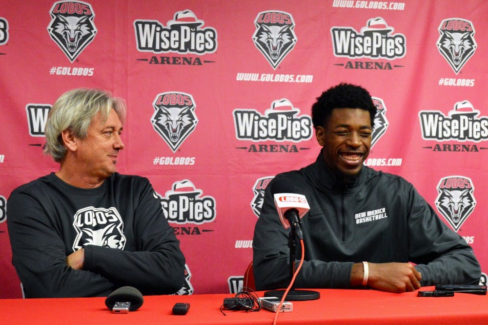 New Mexico head coach Craig Neal (left) and Devon Williams discuss William's injury at a press conference held Thursday afternoon.&nbsp;Williams was advised by doctors to not play due to being diagnosed with&nbsp;congential spinal stenosis.