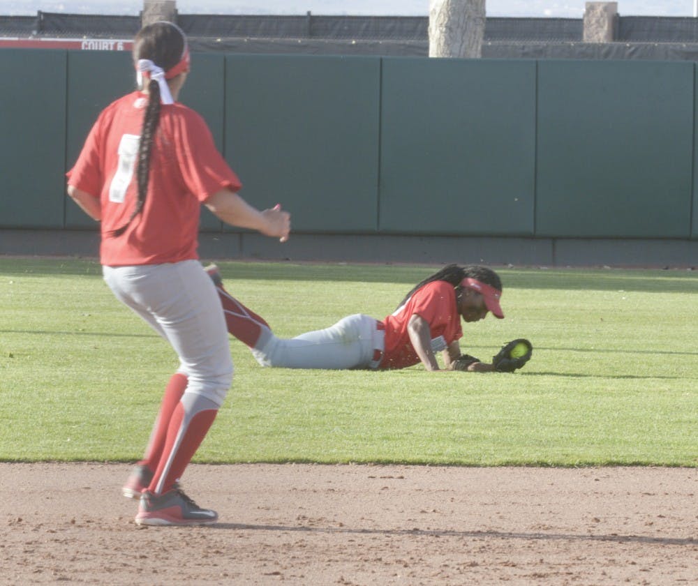 UNM outfielder Mariah Rimmer catches the ball on Friday afternoon at Lobo Field against Nevada. The Lobos lost their third game 7-4.
