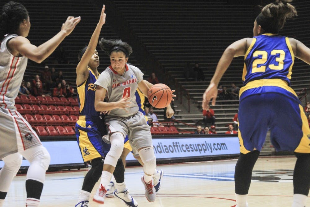 New Mexico guard Cherise Beynon (0) drives past a UC Riverside defender during the UNM Thanksgiving Tournament championship game Saturday evening at The Pit. The Lobos fell to 1-5 on the season with a 70-62 loss to the Highlanders.