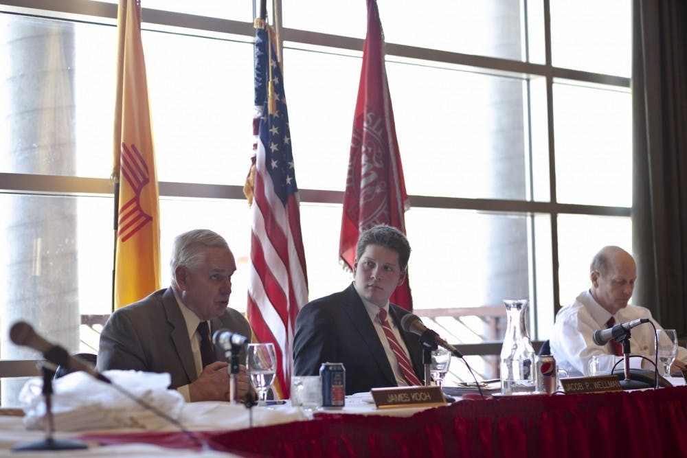 UNM Regent Jamie Koch (far left) discusses the UNM budget during the Board of Regents’ meeting Friday afternoon in the SUB. The Board preliminarily approved a 3.75 percent tuition increase and a $50 increase in student fees to fund Athletics.