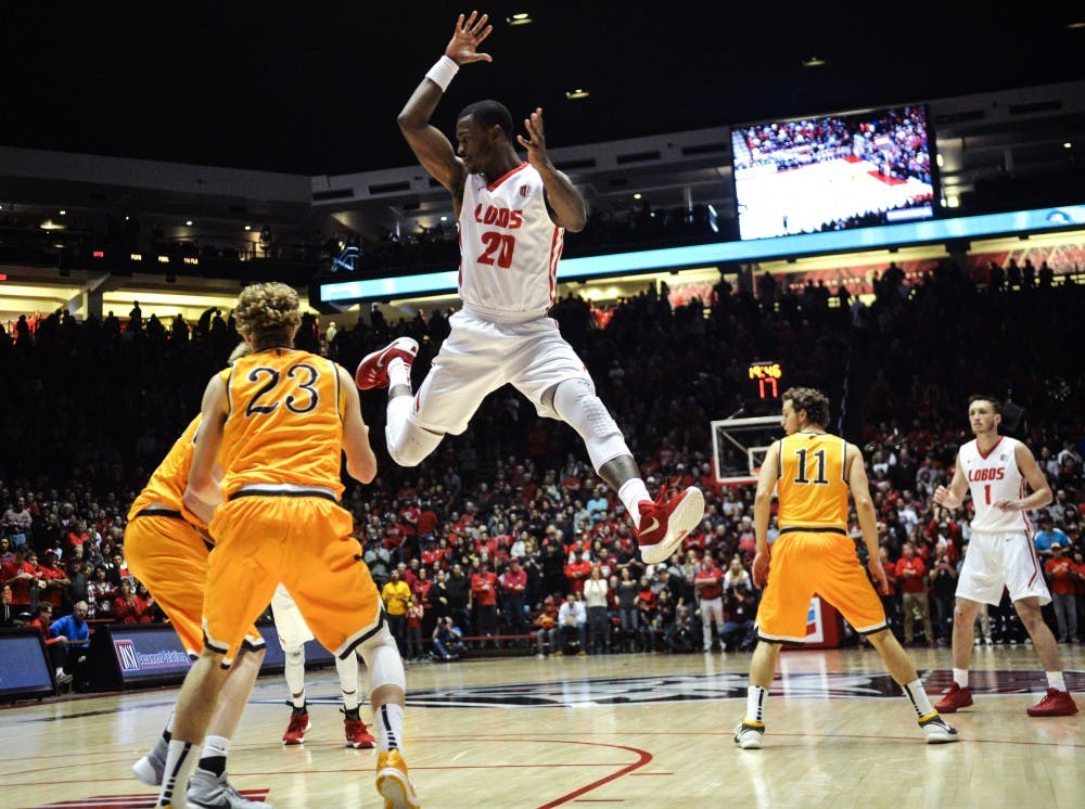 Sophomore guard/forward Sam Logwood leaps in the air after having the ball stolen from him Saturday, Jan. 16, 2016 at WisePies Arena. The Lobos will play San Jose State this Saturday at 3 p.m.. 