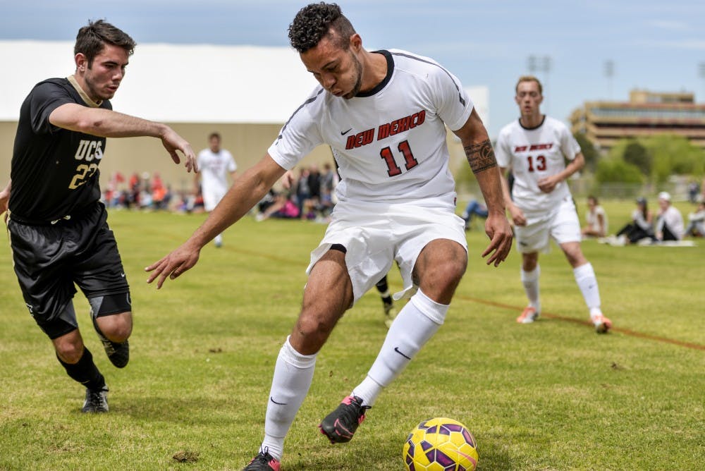Senior forward Niko Hansen attempts to evade a UCCS player April 19, 2016 at the UNM Soccer Complex. The Lobos will start their fall 2016 season with an exhibition against UNLV Monday August 15 at 7 p.m.
