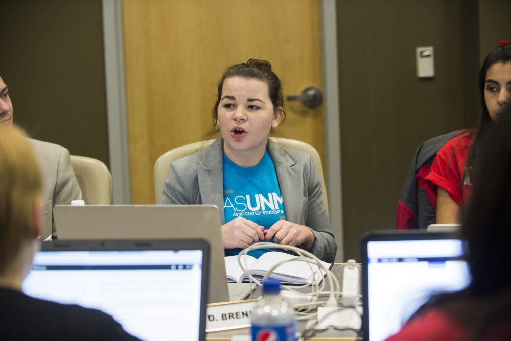 Senator Delia Brennan speaks at ASUNM's first spring 2016 meeting Wednesday night at WisePies Arena. ASUNM discussed new meeting locations, increased lighting in south lot, a "BeKind" event and a mosiac that will be constucted near the SUB.