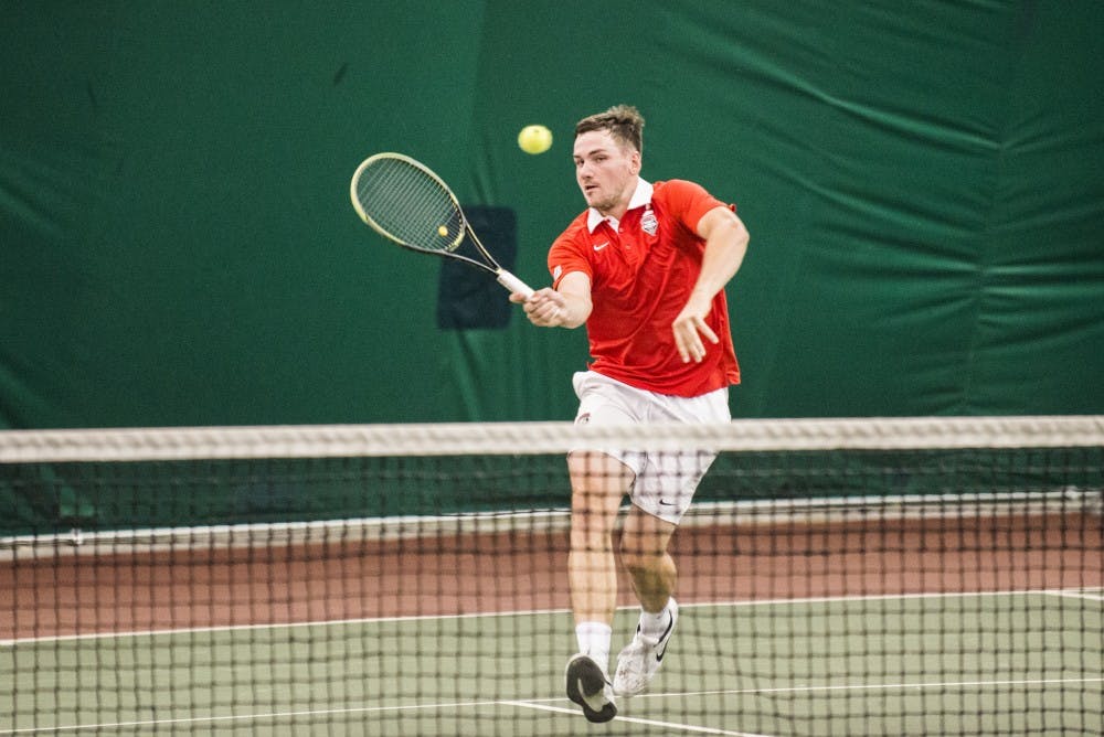 Sophomore Bart Van Leijsen runs up the court to return the ball to during the Mountain Pacific Invitational Saturday, March 12, 2016. The Lobos finished the invitational in first place only letting up one point in during the entire competition.&nbsp;
