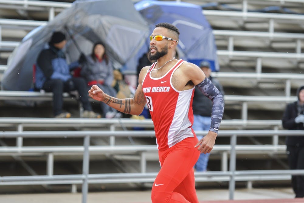 Senior sprinter Cheyne Dorsey reaches the finish line during the Don Kirby Tailwind Invitational on Saturday, April 1, 2017 in Albuquerque, New Mexico. The Lobos the will compete in the Bryan Clay Invitational this Saturday.