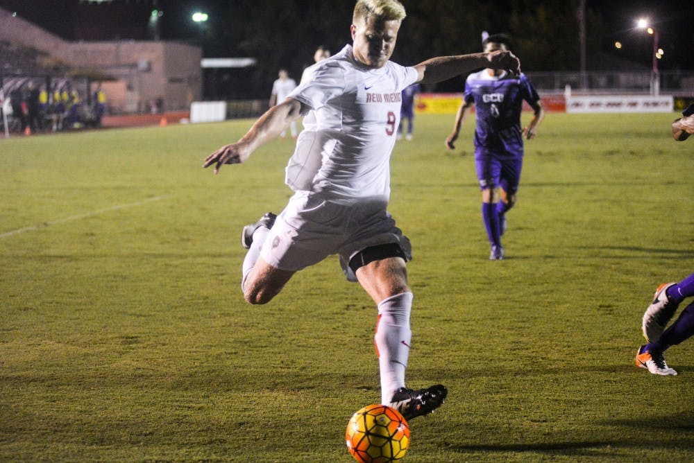 Junior forward Luke Lawrence prepares to fire a shot towards the Grand Canyon University goal Sunday Sept. 11, 2016 at the UNM Soccer Complex. The Lobos will take on the FIU Panthers this Friday at 7 p.m. in Albuquerque, New Mexico.