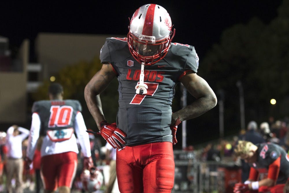 New Mexico halfback Teriyon Gipson paces the sideline at the end of Saturday’s 60-49 loss to Boise State. Gipson, who ended the night with career highs in carries (24) and yards (205), entered the game after New Mexico’s leading rusher, Jhurell Pressley, left the game with an ankle injury in the second quarter. 