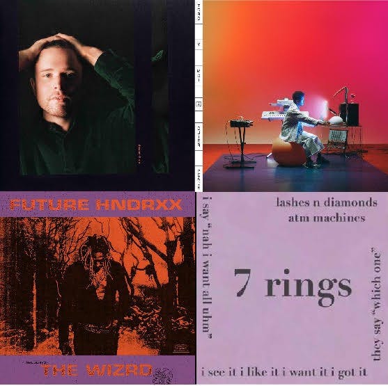Cutline clockwise from upper left album art from: James Blake’s “Assume Form,” Toro y Moi’s “Outer Peace,” Ariana Grande’s “7 rings” and Future’s “The Wizrd.”