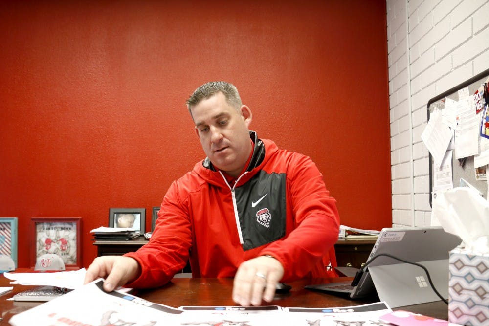 Deputy Athletics Director Brad Hutchins shows off new emojis the Athletic Department created for UNM on Wednesday, March 1, 2017. Hutchins also spoke on the deficit that UNM Athletics faces.&nbsp;