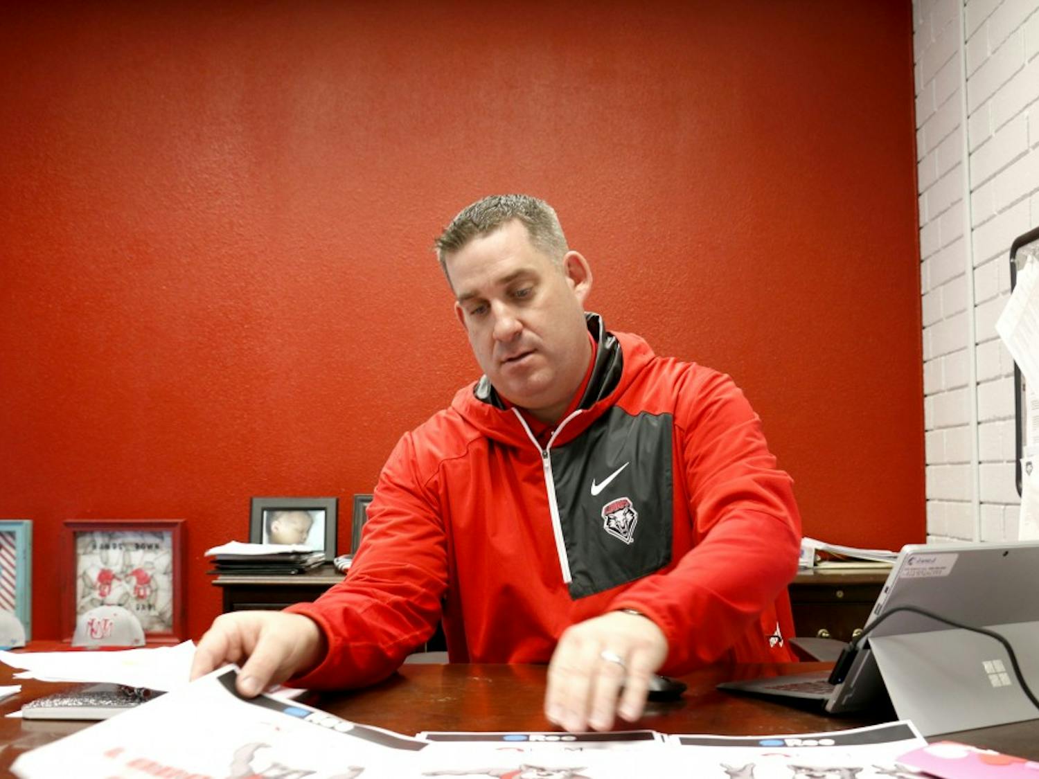Deputy Athletics Director Brad Hutchins shows off new emojis the Athletic Department created for UNM on Wednesday, March 1, 2017. Hutchins also spoke on the deficit that UNM Athletics faces.&nbsp;