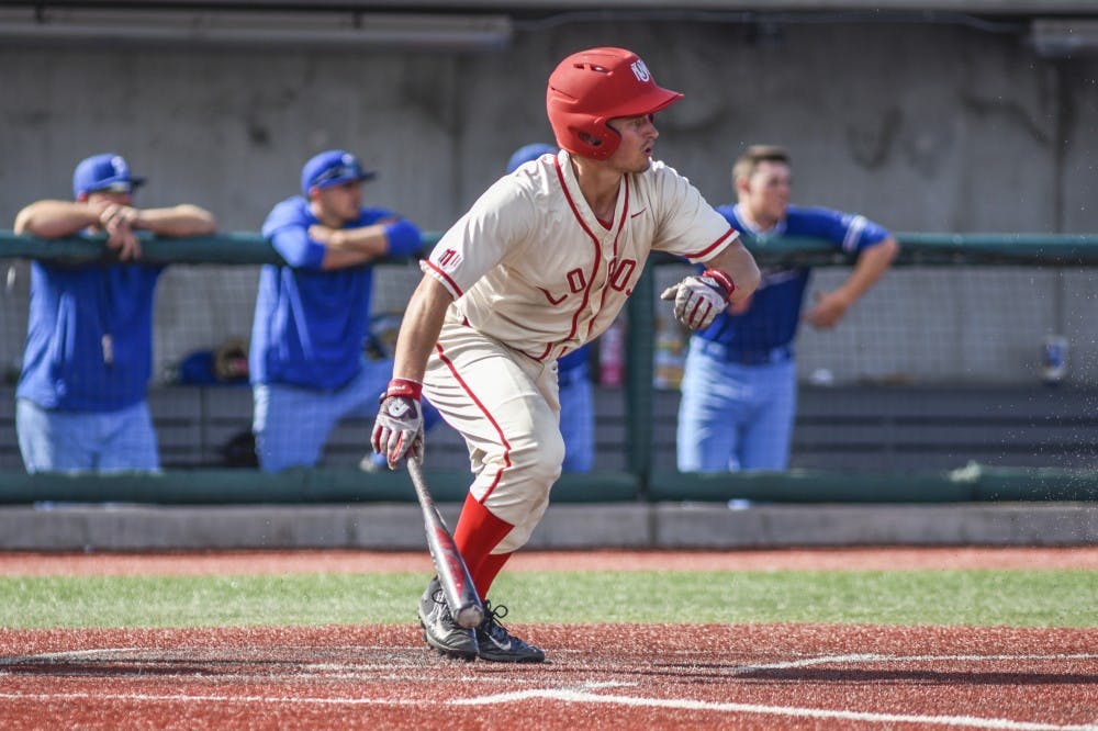Freshman Beau Capanna looks downfield before he runs to first base while playing against San Jose State University on Saturday, March 12, 2017 at Santa Ana Star Field.&nbsp;