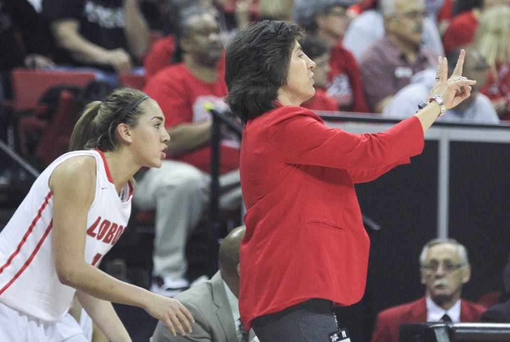 New Mexico head coach Yvonne Sanchez calls a play for her team late in the first half as Alexa Chavez checks into the game during the Mountain West Basketball Championship game Friday afternoon at the Thomas & Mack Center in Las Vegas, Nevada.