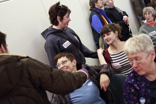 Activists in support of the domestic partnership bill rally in the Roundhouse in Santa Fe on Feb. 2.