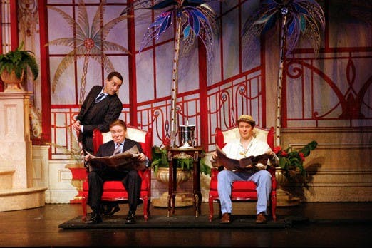 Patrick Brown, left, Brian McKay, center, and Stephen Patterson in a scene from "Dirty Rotten Scoundrels."