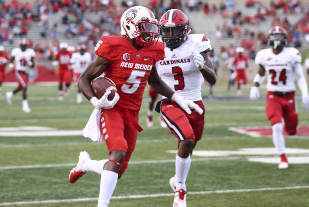 UNM wide receiver Patrick Reed (No. 5) takes the ball down the line on Saturday Aug. 31, 2018. UNM defeated UIW 62-30.
