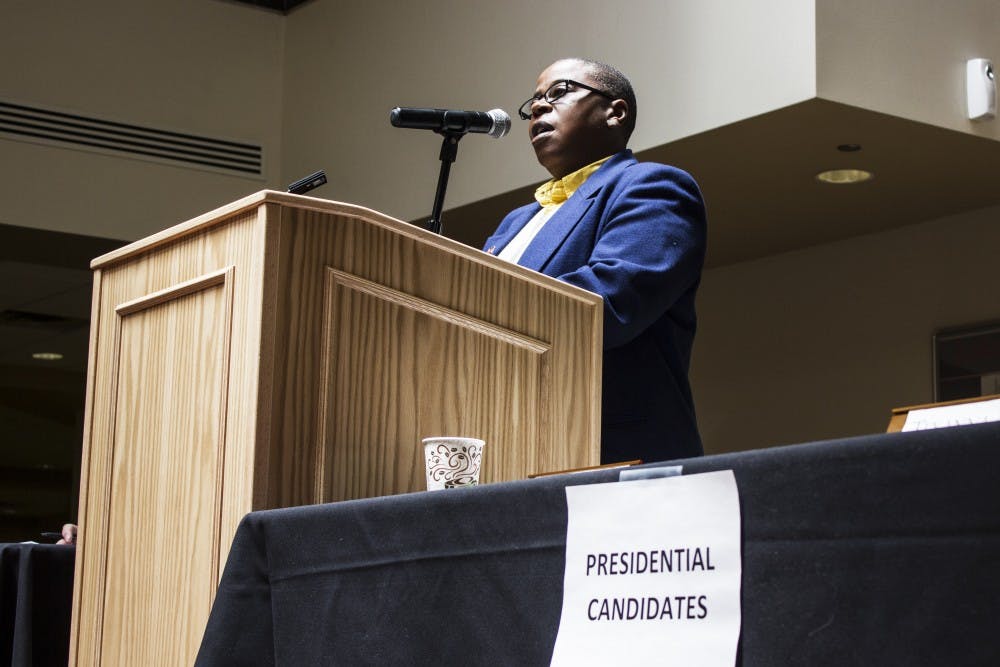 Glenda Lewis speaks during a GPSA forum in the SUB on April 1, 2014. Lewis was elected GPSA President for the upcoming 2016-2017 school year.