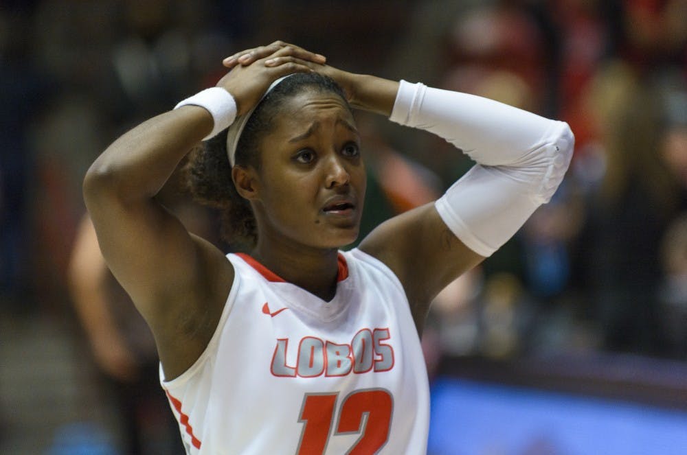 Senior Guard Bryce Owens reacts to the final play of the UNM v. CSU game on Wednesday night at WisePies Arena. The Lobos lost in the last three and a half seconds of the game, 49-48.