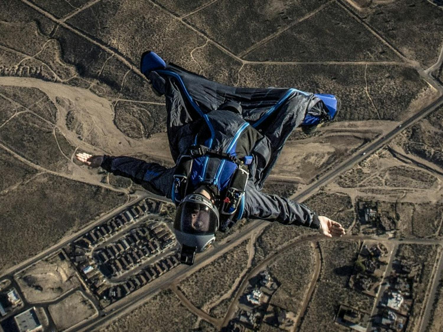 Kendrick Dane plummets from 11,000 feet after jumping from the gondola of a hot air balloon, soaring above Rio Rancho, NM on Oct. 17, 2017. 
