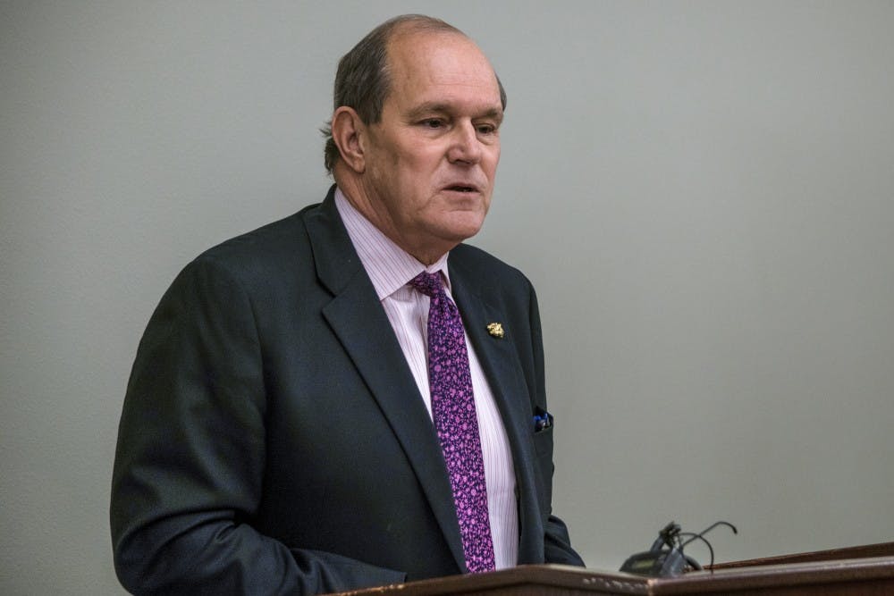 UNM President Bob Frank speaks at the SUB on the afternoon of Friday, April 22, 2016. Frank took to Twitter Monday night to address some of the backlash against the UNM seal. 