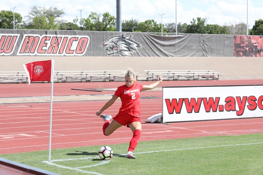 UNM defender Jessica Nelson prepares for a corner kick during a game against Northern Arizona University on Sunday, Sept. 17, 2017. Nelson scored one of the two goals against UNLV on Friday, Sept. 22, 2017.