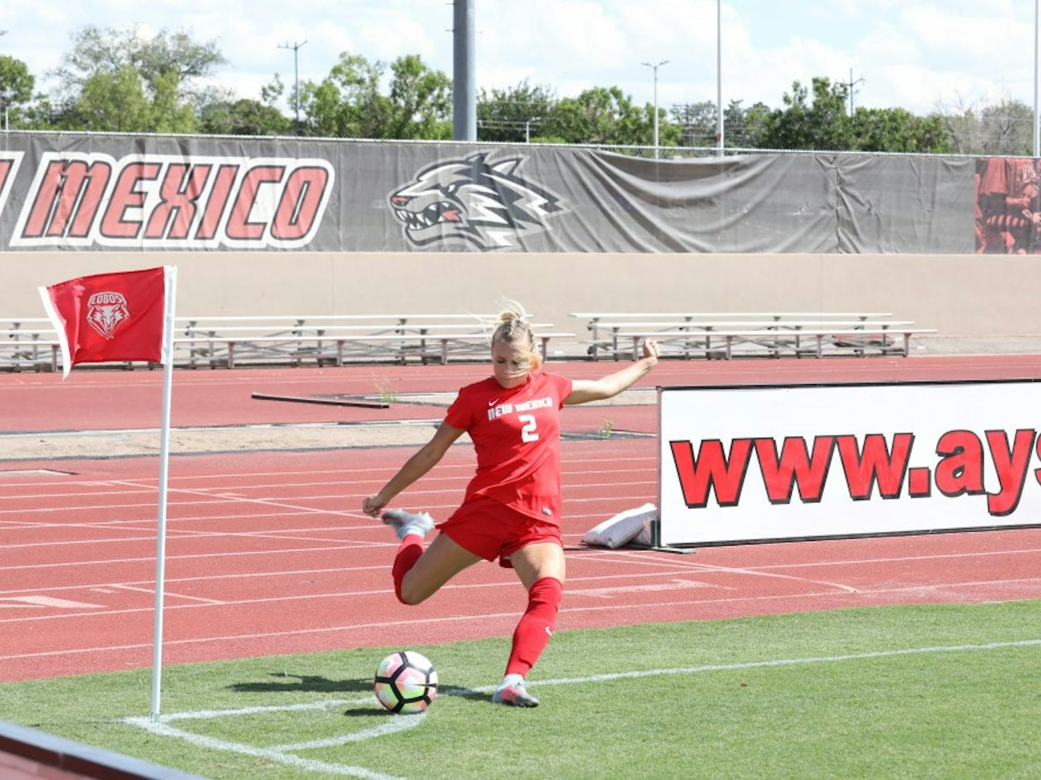 UNM defender Jessica Nelson prepares for a corner kick during a game against Northern Arizona University on Sunday, Sept. 17, 2017. Nelson scored one of the two goals against UNLV on Friday, Sept. 22, 2017.