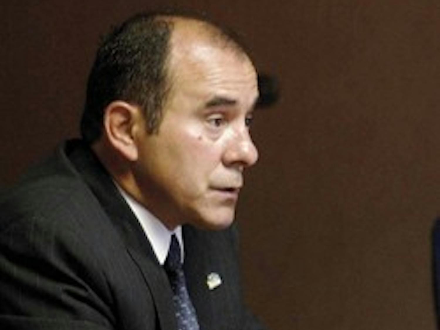 Tim Gutierrez, the second of three candidates for the position of associate vice president for student affairs and diversity, talks about his qualifications during a forum in the Dean of Students office conference room on Tuesday.