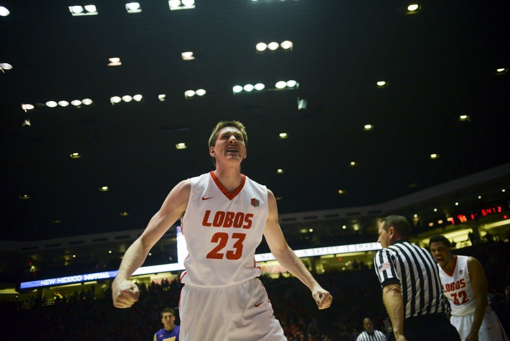 Sophomore forward Joe Furstinger celebrates after scoring an inside jump shot at WisePies Arena Saturday night. The Lobos beat Northern Iowa 76-57 and play NMSU Dec. 16.&nbsp;