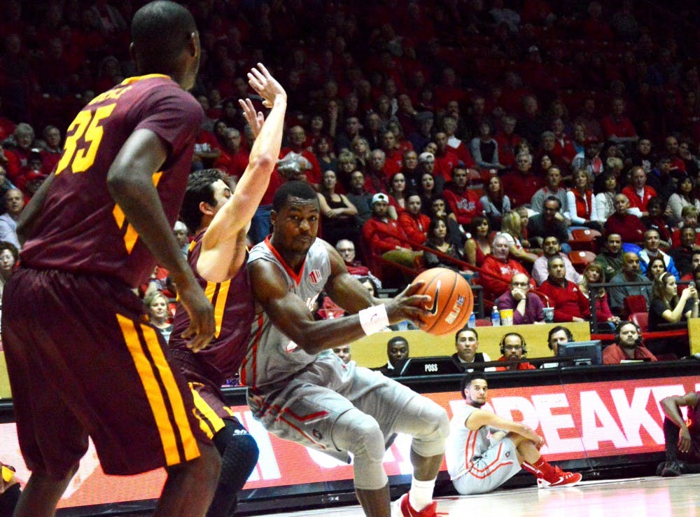 Lobos forward/guard Sam Logwood defends the ball from Loyola University Chicago at the WisePies Arena on Wednesday night. The Lobos won 75-51.