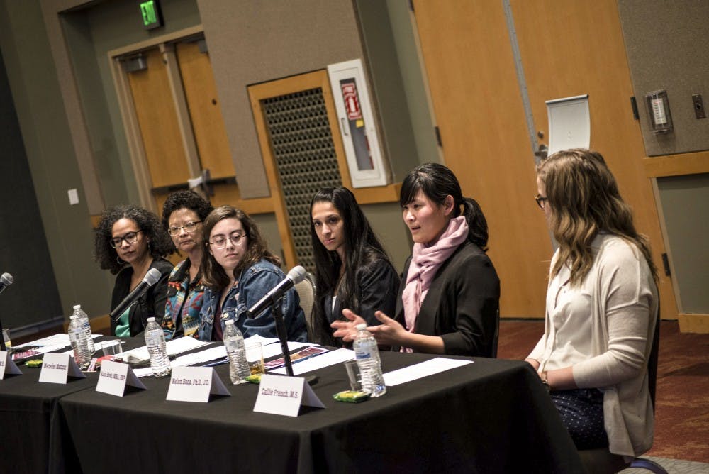Helen Baca responds to a question during a Women in STEM panel that took place in the SUB Ballrooms on Thursday, March 29, 2018.