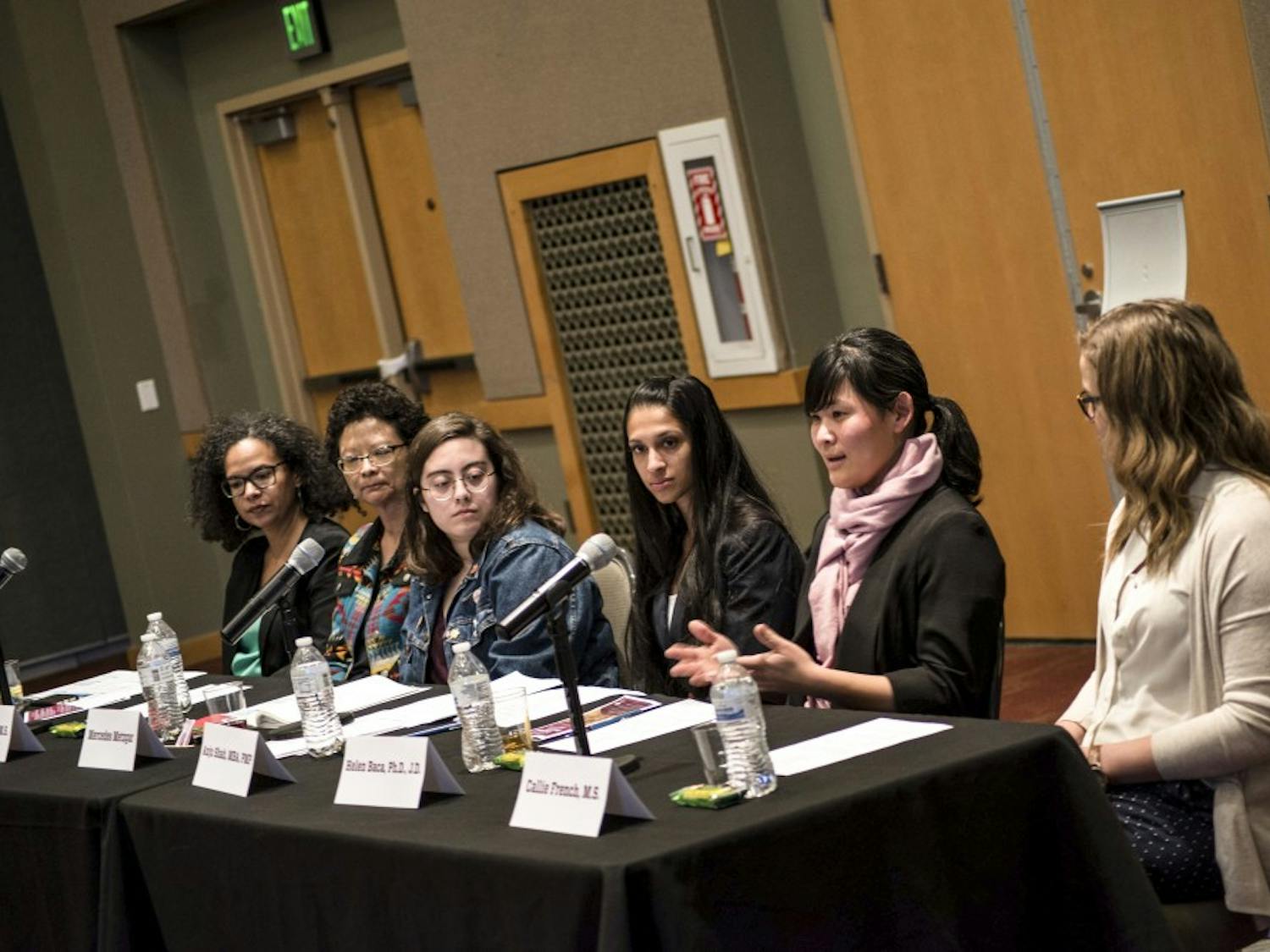 Helen Baca responds to a question during a Women in STEM panel that took place in the SUB Ballrooms on Thursday, March 29, 2018.