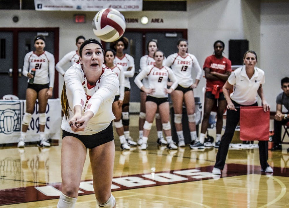 Lauren Twitty bumps the ball during a rally against Colorado State University at Johnson Gym, Oct. 17, 2017. The Lobos were defeated after contesting the 20-2 Rams after five sets Saturday afternoon.