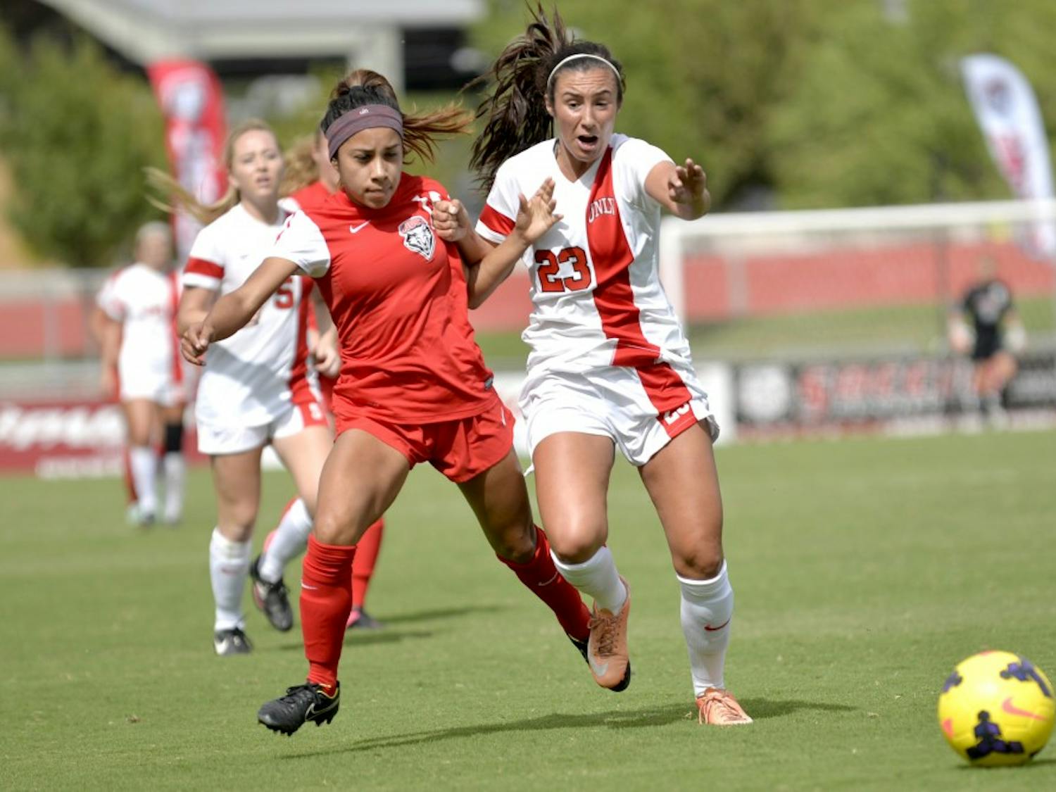 Forward Eileen Zendejas scrambles for the ball downfield against a UNLV player during their game on Oct. 4. Over the weekend the Lobos tied with Wyoming and beat Colorado State 2-0.