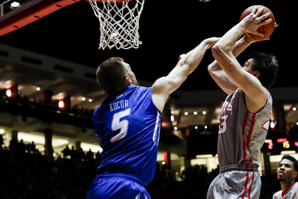 Sophomore forward Joe Furstinger leaps up for an inside jump shot Thursday, Jan. 28, 2015 at WisePies Arena. The Lobos will play UNLV this Tuesday at 6 p.m..