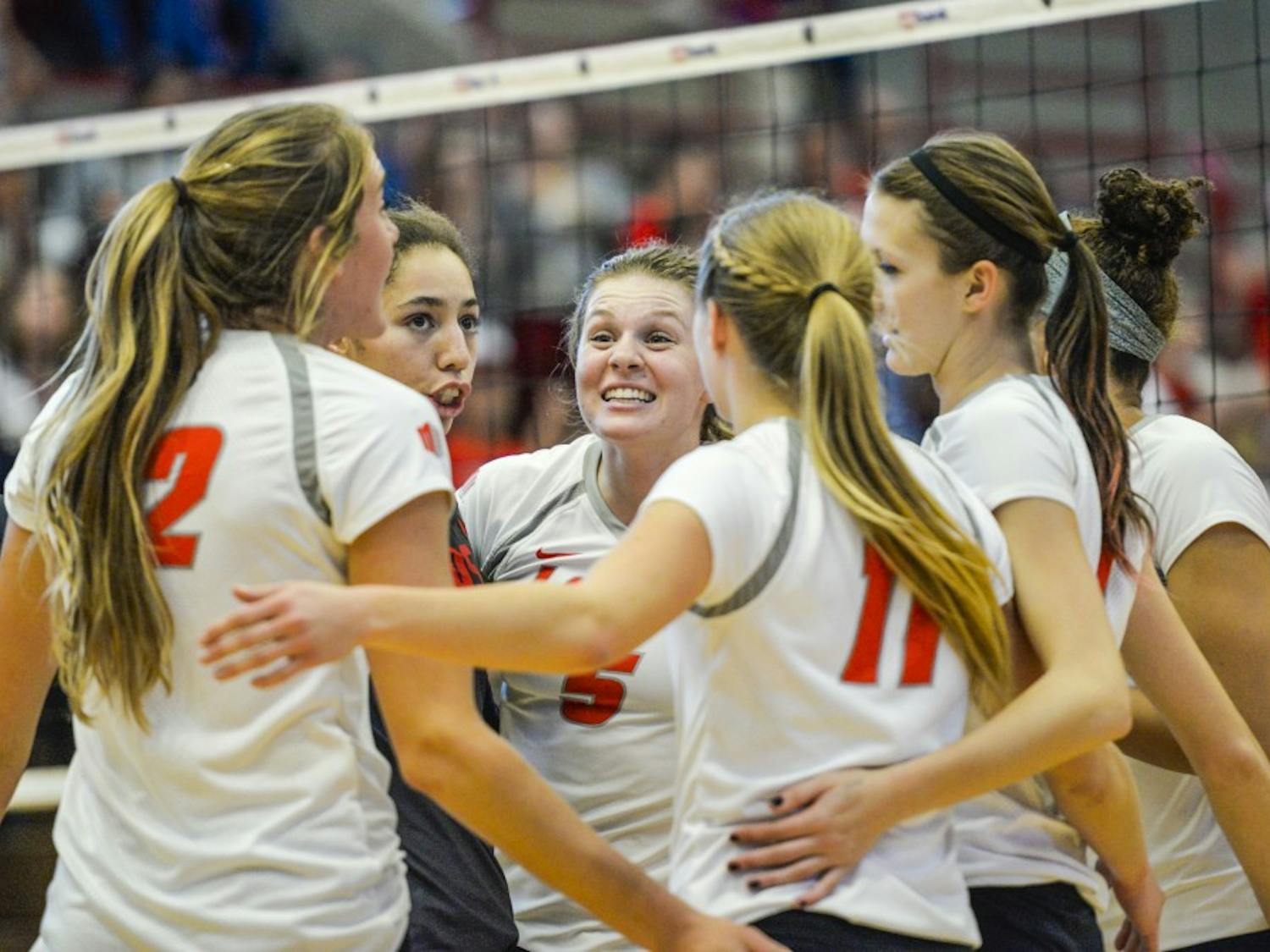 The Lobos huddle together and celebrate a kill against San Jose State Saturday, Oct. 29, 2016 at Johnson Center Gym. The lobos swept San Jose State 3-0.&nbsp;