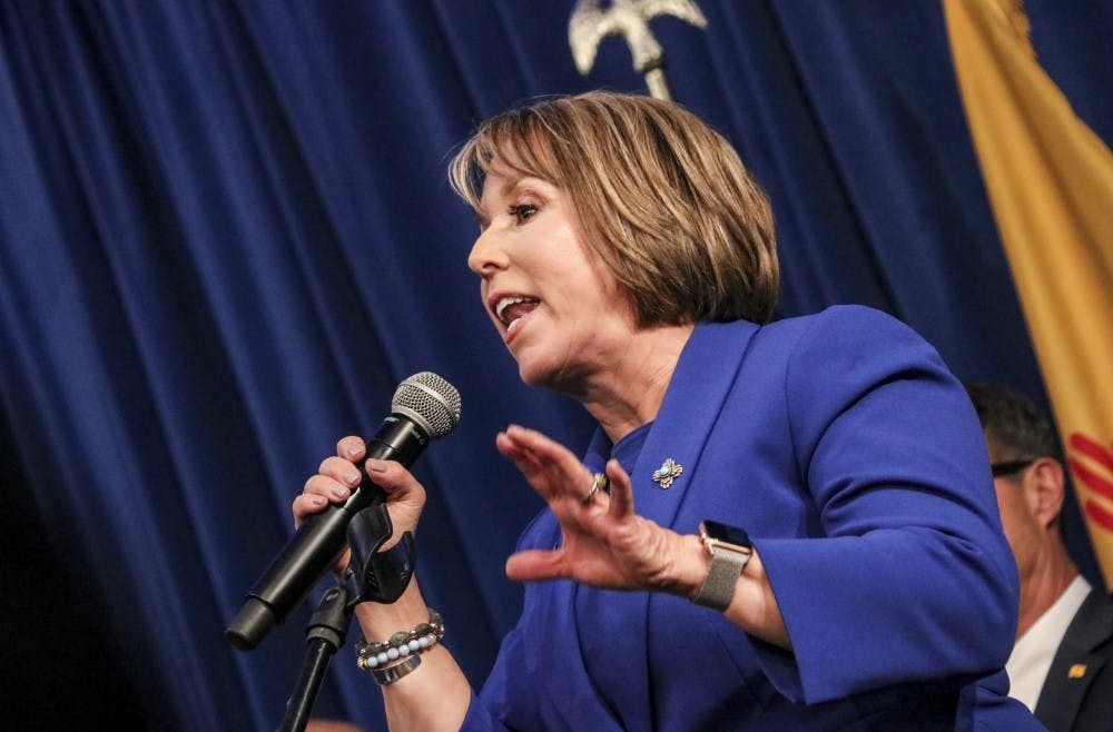 After technical difficulties with Michelle Lujan Grisham speech promoters she wings her address to&nbsp;the public during the Democratic election party held at the Hotel Albuquerque on Nov. 6, 2018.&nbsp;
