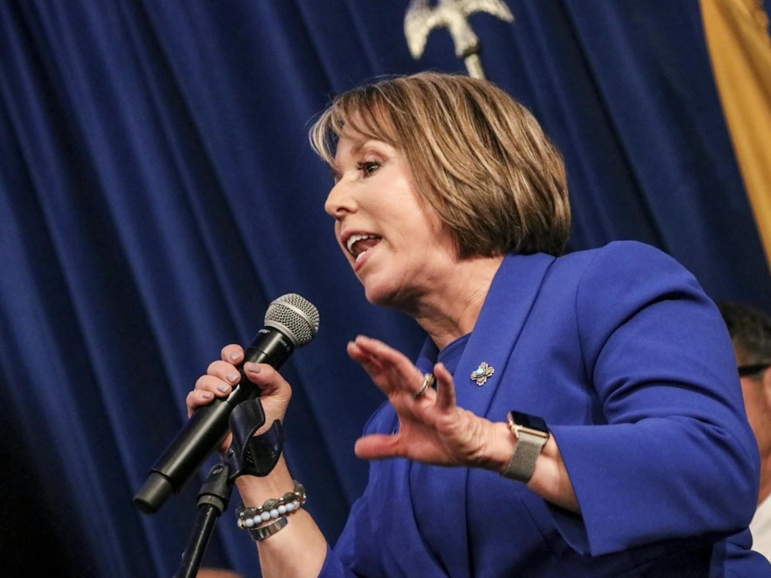 After technical difficulties with Michelle Lujan Grisham speech promoters she wings her address to the public during the Democratic election party held at the Hotel Albuquerque on Nov. 6, 2018. 