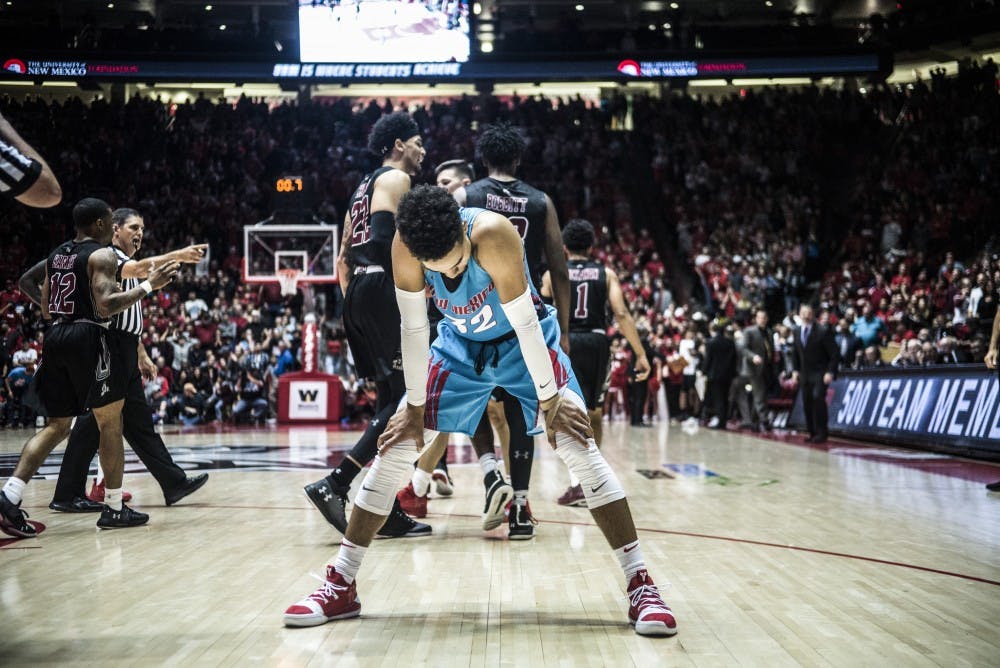 Anthony Mathis reacts after turning the ball over on the Lobos final possession against New Mexico State at Dreamstyle Arena  The Pit on Saturday afternoon. The Lobos lost 98-94.