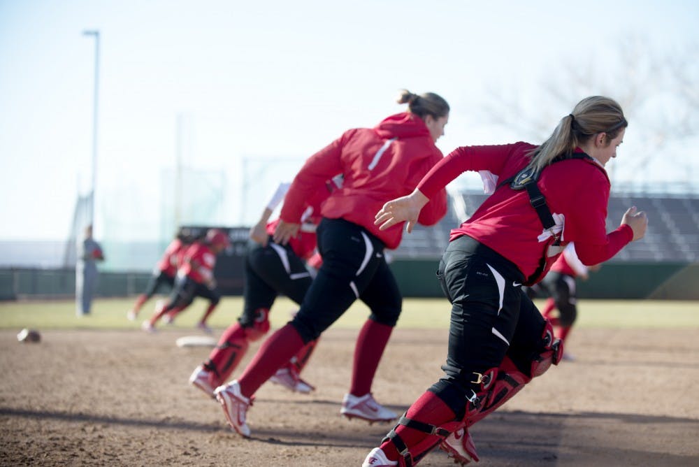 The Lobo softball team runs sprints Monday, Feb. 8, 2016  at the Santa Ana Star Field. The Lobos season opener will be this weekend at Arizona State’s Kajikawa Classic.
