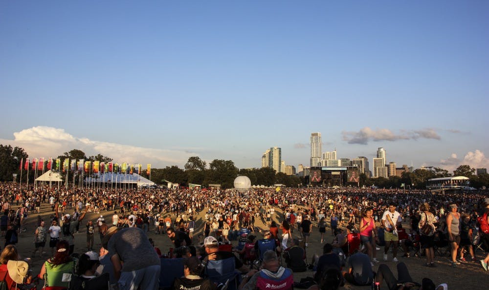 The Austin city sky line is visible from Zilkner Park where thousands of people attend day one of three on Oct. 12, 2018.&nbsp;