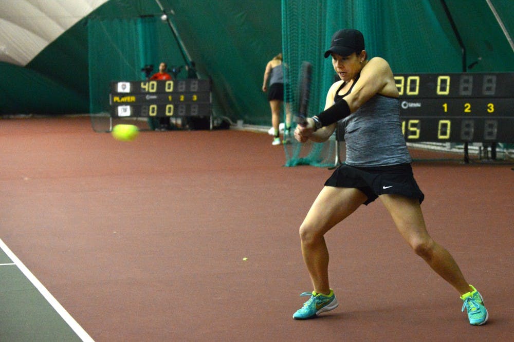 Redshirt junior Andrea Leblanc returns the ball Saturday, Feb. 20, 2016 at the Linda Estes Tennis Center. The Lobos men’s tennis team will play this Friday in Albuquerque and the women's team will play in Lawrence, Kansas.