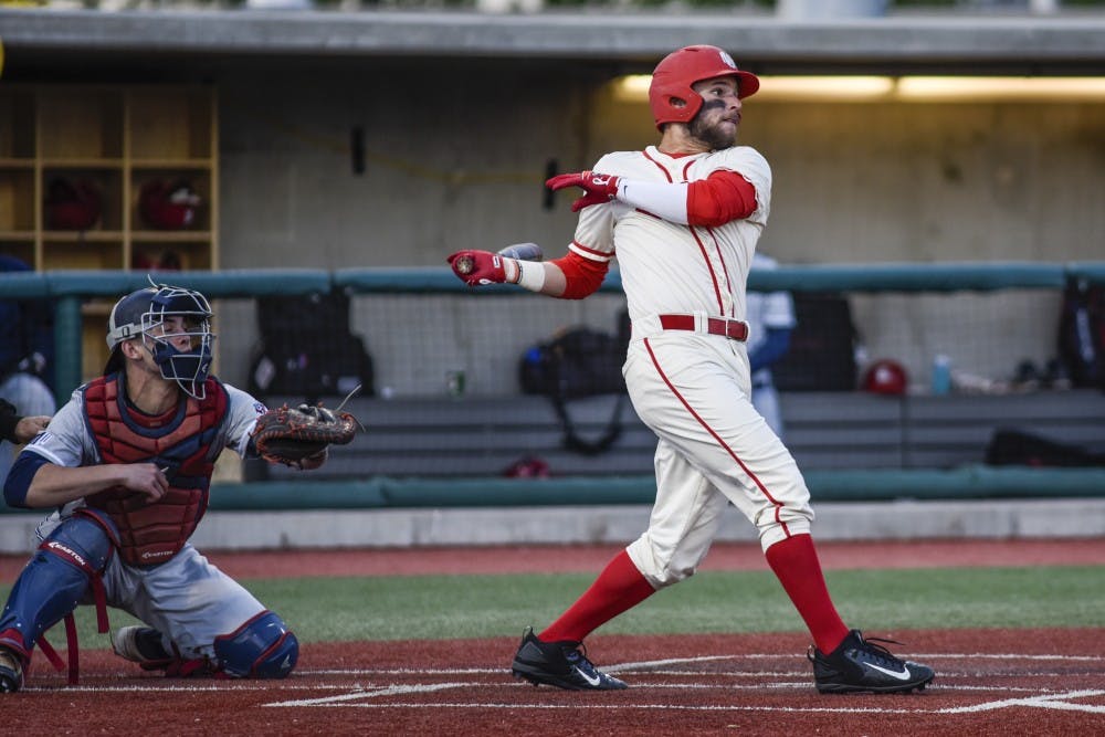 Senior Luis Gonzalez looks toward the outfield as he connects with a ball while playing against Fresno State Friday, March 31, 2017 at Santa Ana Star Field. The Lobos will face off with Texas Tech this Tuesday.&nbsp;