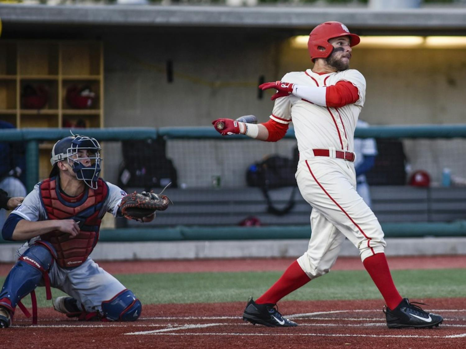 Senior Luis Gonzalez looks toward the outfield as he connects with a ball while playing against Fresno State Friday, March 31, 2017 at Santa Ana Star Field. The Lobos will face off with Texas Tech this Tuesday. 