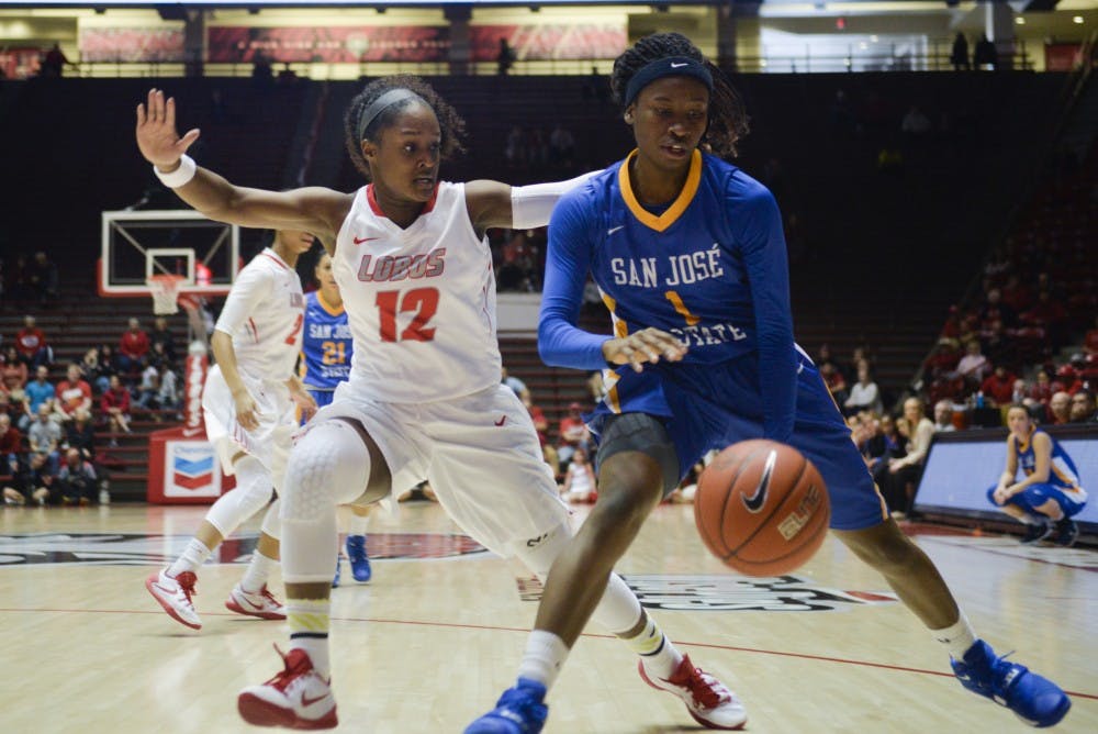 Senior guard Bryce Owens covers a San Jose State player as they charge the net Saturday, Jan. 23, 2015 at WisePies Arena. The Lobos beat San Jose State and now will play Air Force this Wednesday.&nbsp;