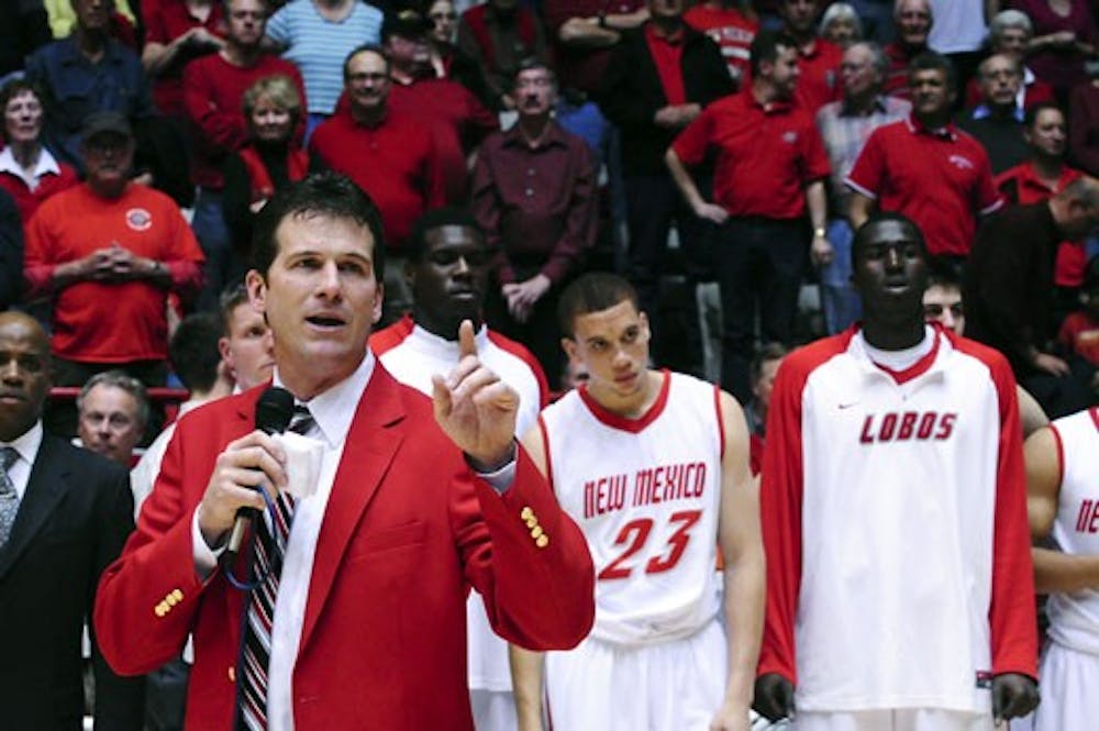 Men's basketball coach Steve Alford speaks during the Lobos' last basketball game at The Pit on March 3. Alford was named Mountain West Conference Coach of the Year on Monday.